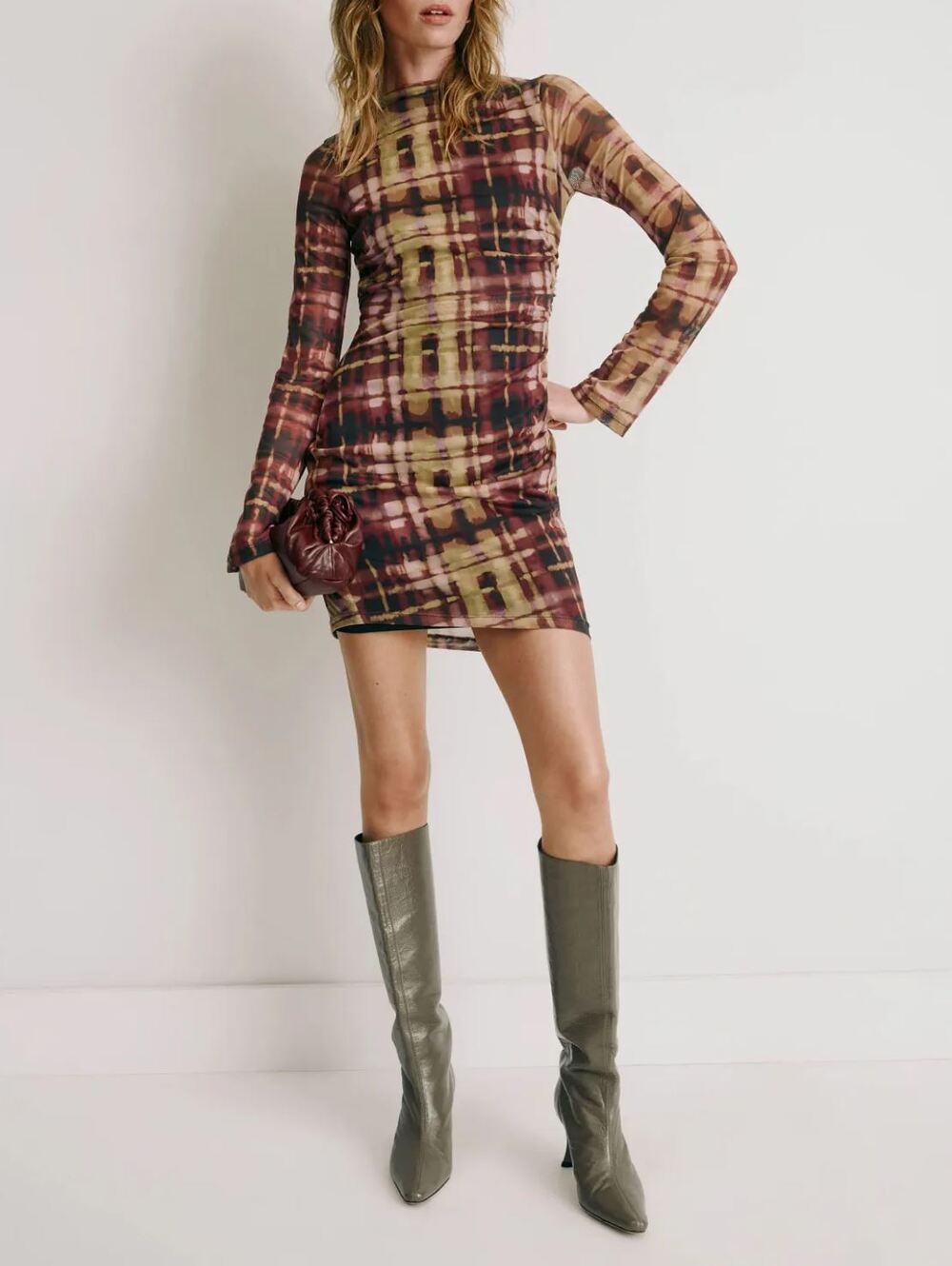 West Of. Quinn Mesh Mini Dress Small Ruched Long Sleeve Watercolor Plaid Neutral